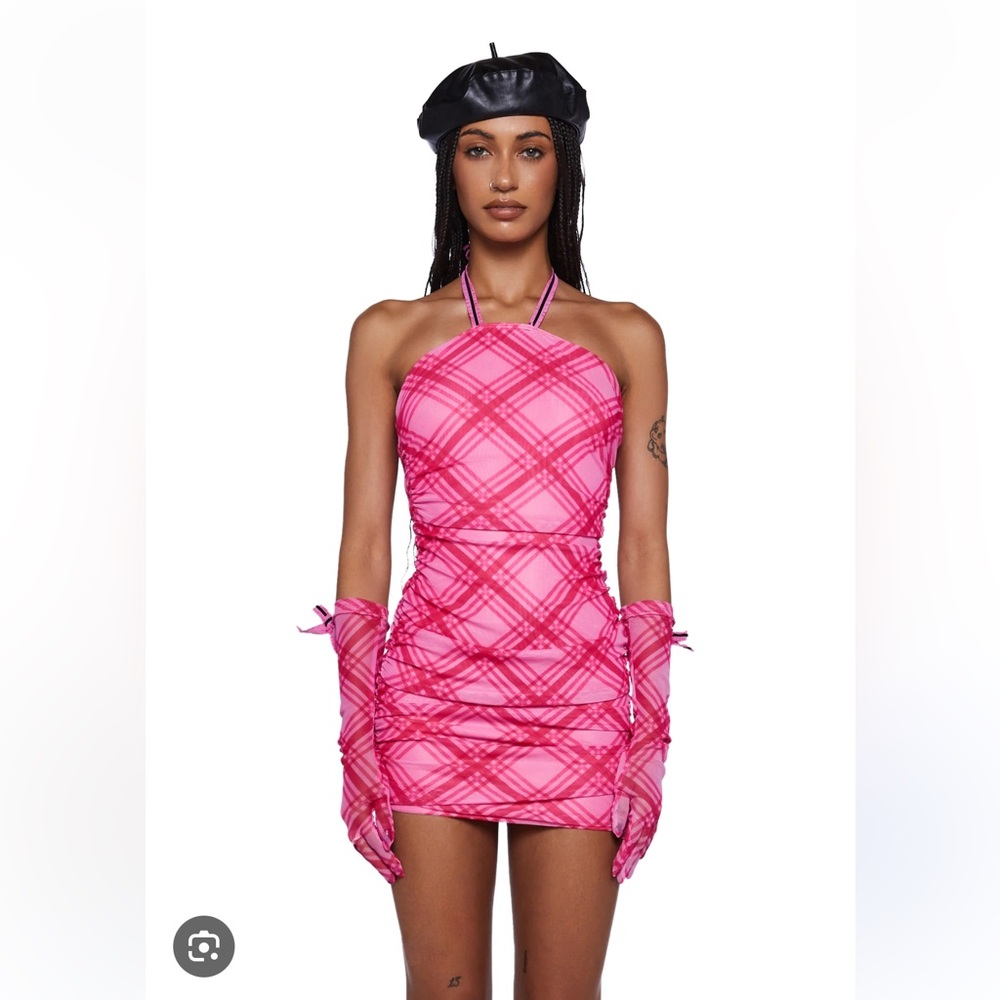 Dolls Kill Zemeta Plaid Halter Dress and Gloves